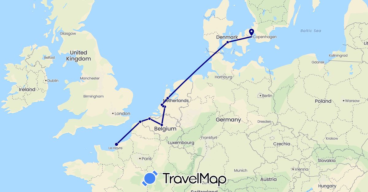 TravelMap itinerary: driving in Belgium, Denmark, France, Netherlands (Europe)